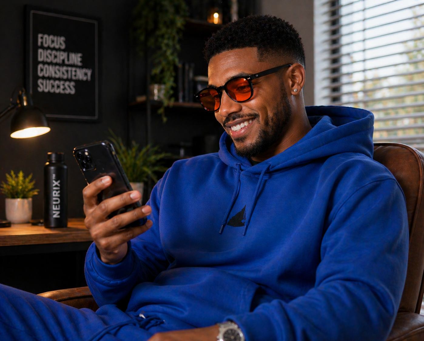 Man in blue hoodie wearing NEURIX™ orange-tinted eyewear while using phone at desk.